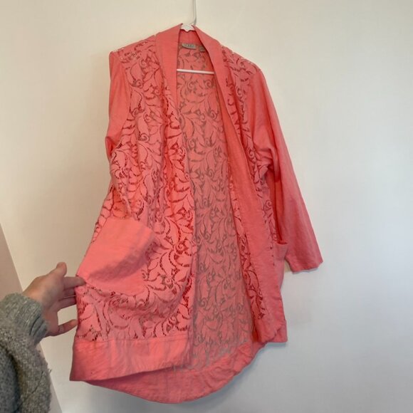 LOGO BY LORI GOLDSTEIN Plus Size Open Front Slub Cardigan w/ Lace Detail Pink 3X - Picture 10 of 14